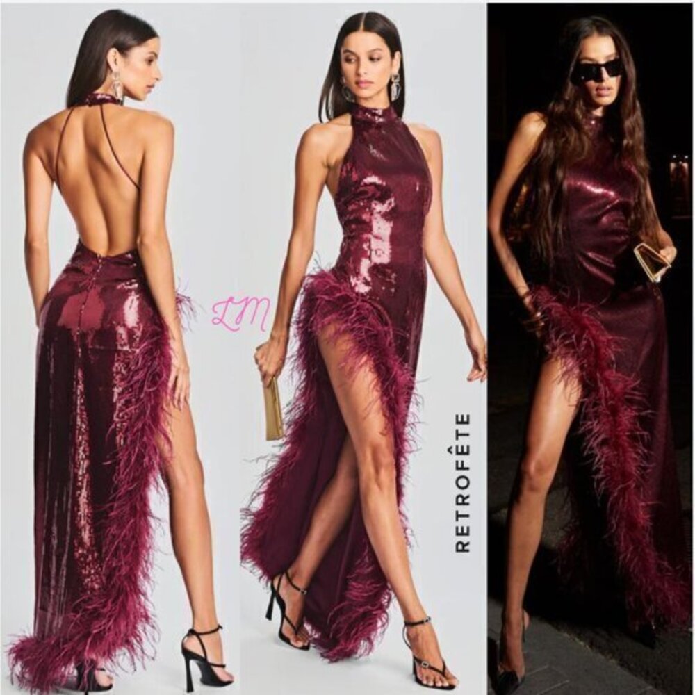 NWT Retrofete Vixen‎ Cabernet Red Sequin Halter Gown Feather Trim XS
